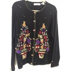 Victoria Jones Embellished Beaded Christmas Pear Trees Cardigan Ugly Sweater M